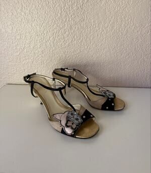 Prada Floral Applique Metallic T-Strap Heeled Sandals Gold Black Size 35.5